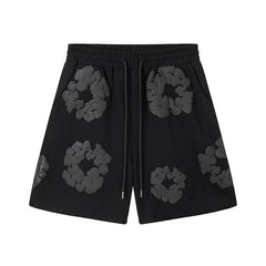Denim Tears Black Tonal Cotton Wreath Print Casual Shorts