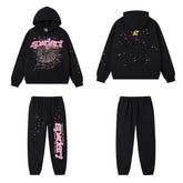 SP5DER Web Graphic Pullover Hoodie and Sweatpants Matching Set - Black / Pink