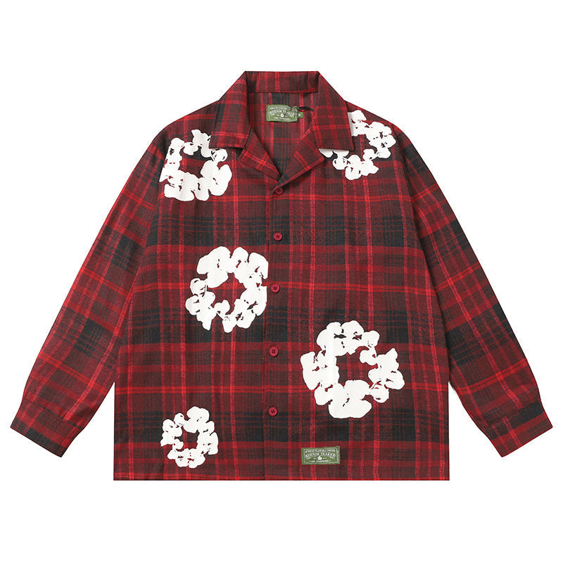 Denim Tears Red and black checkered white wreath printed loose long-sleeved shirt