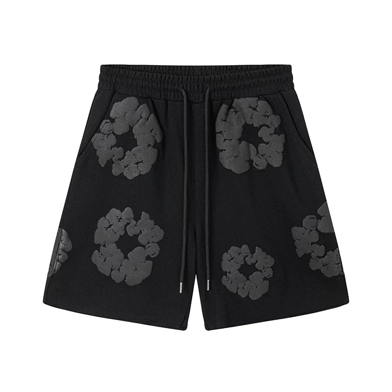 Denim Tears Black Tonal Cotton Wreath Print Casual Shorts