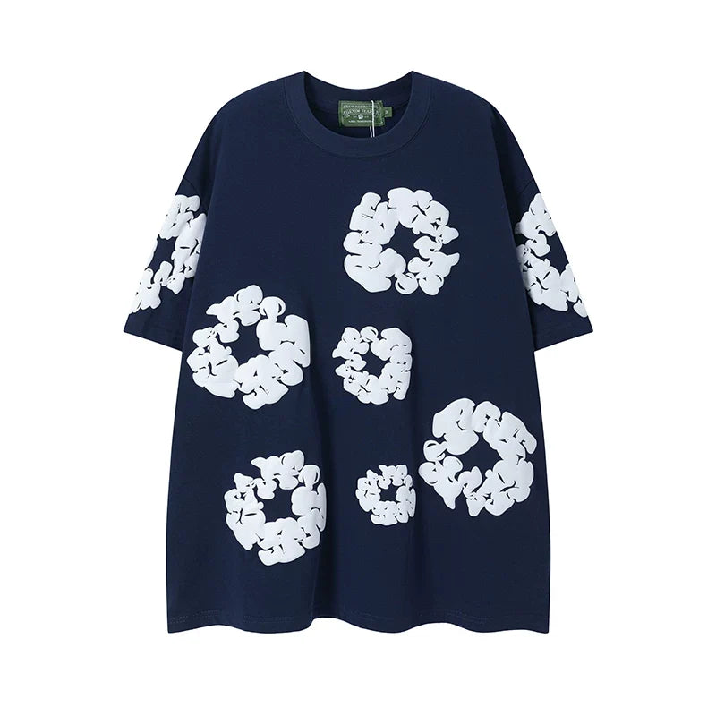 Denim Tears Navy Blue All‑Over Cotton Wreath Print T‑Shirt