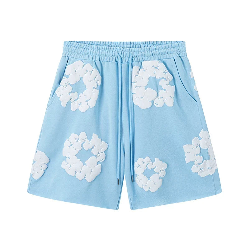 Denim Tears Light Baby Blue Cotton Wreath Print Casual Shorts